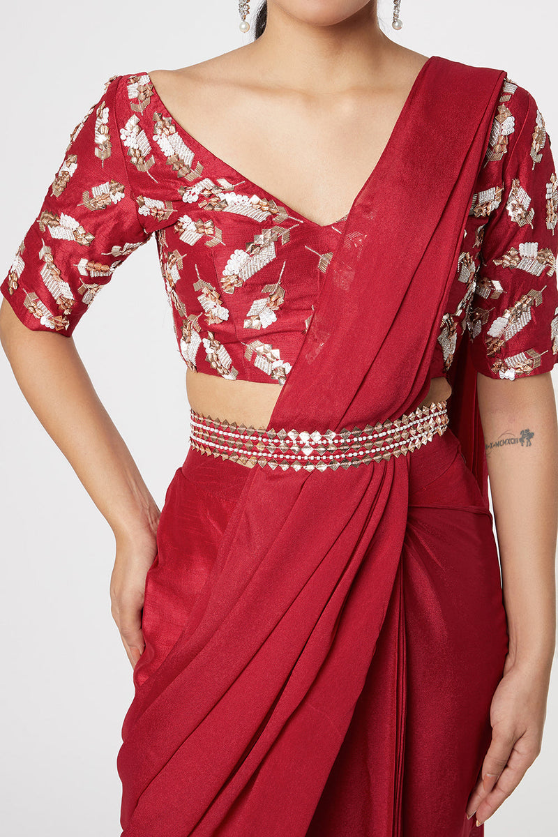 Candy Red Embroidered Saree With Belt