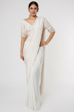 White Embroidered Saree Set