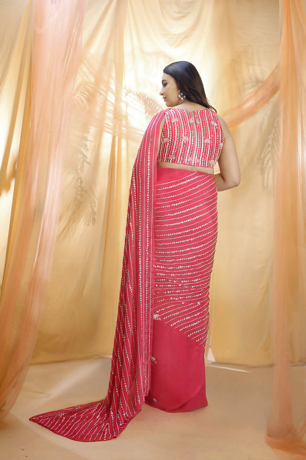 Hot Pink Saree With Sleeveless Blouse