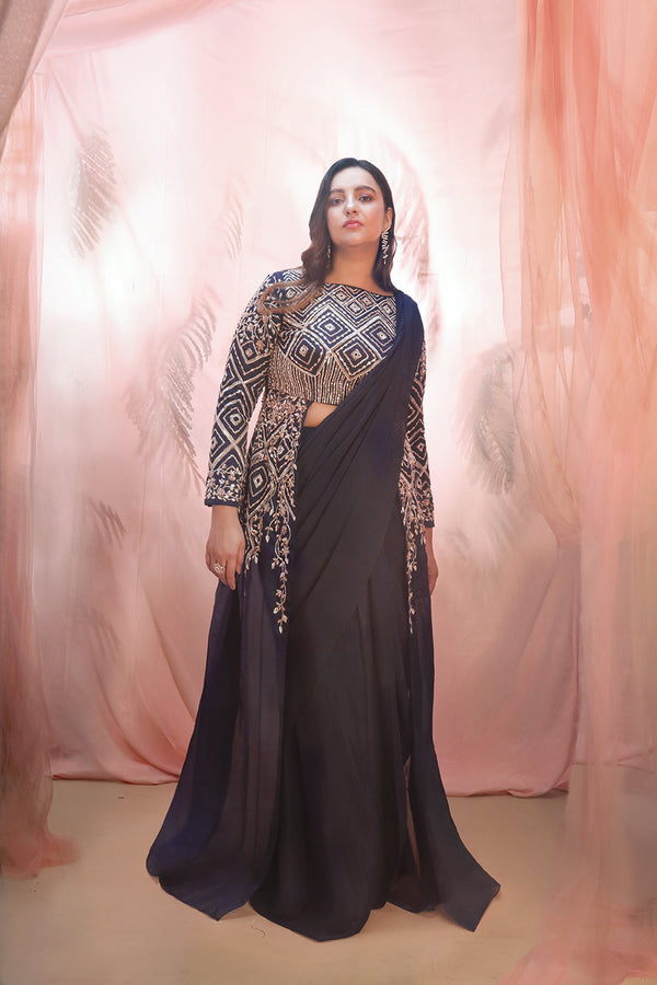 Navy Blue Jacket Saree Set