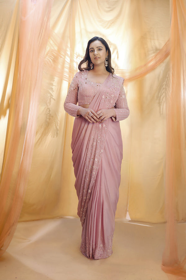 Rose Gold Saree With Full Sleeve Blouse