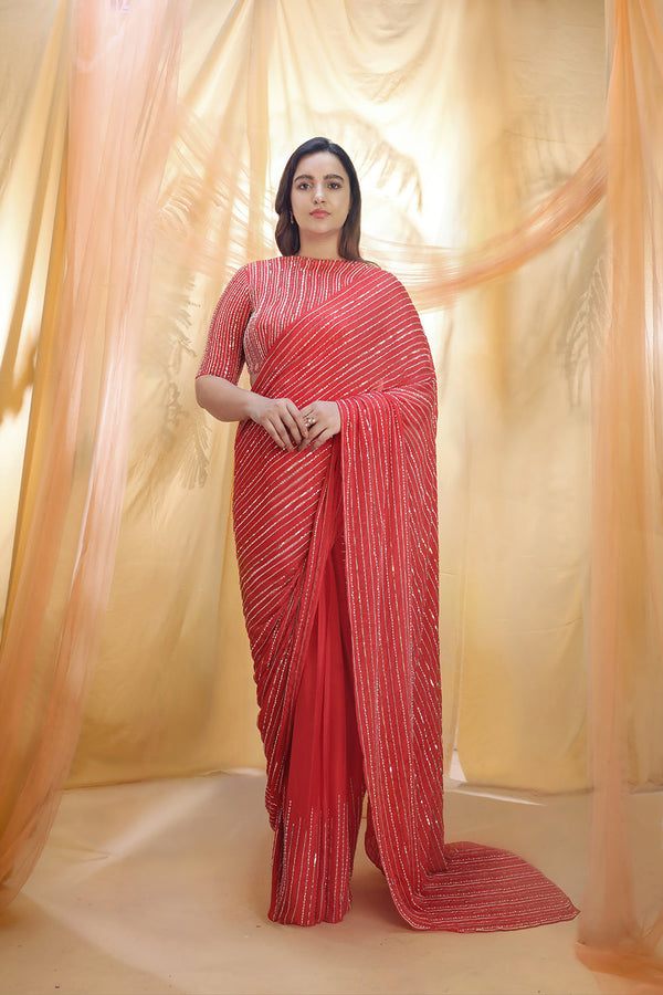 Hot Red Saree With Elbow Sleeve Blouse