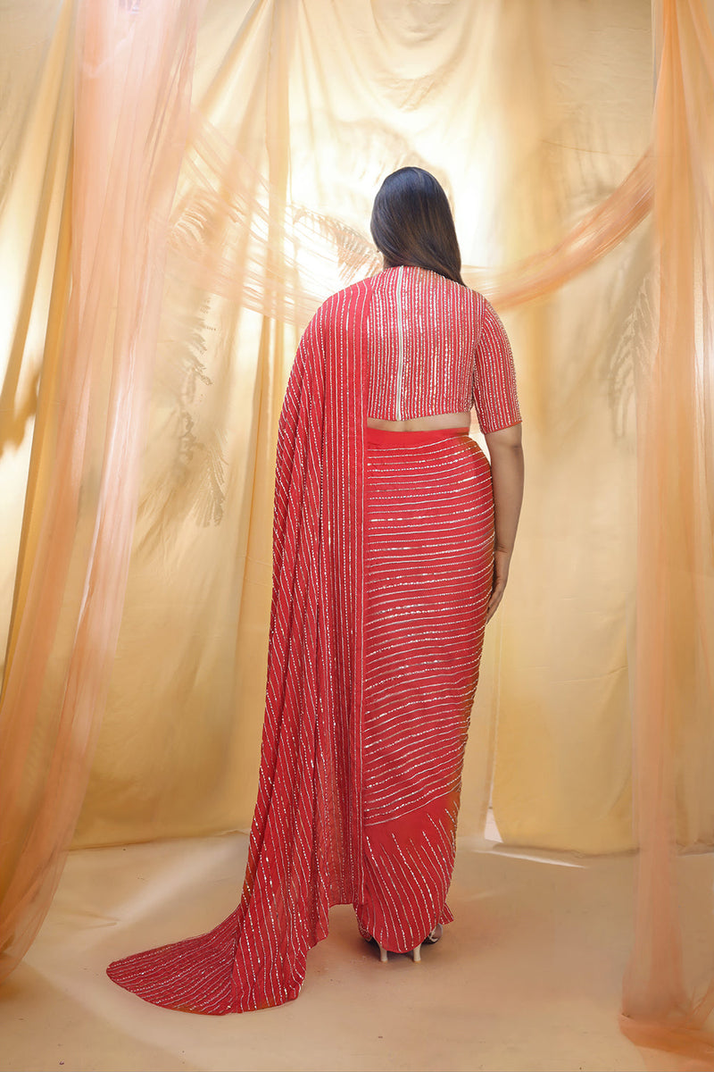 Hot Red Saree With Elbow Sleeve Blouse