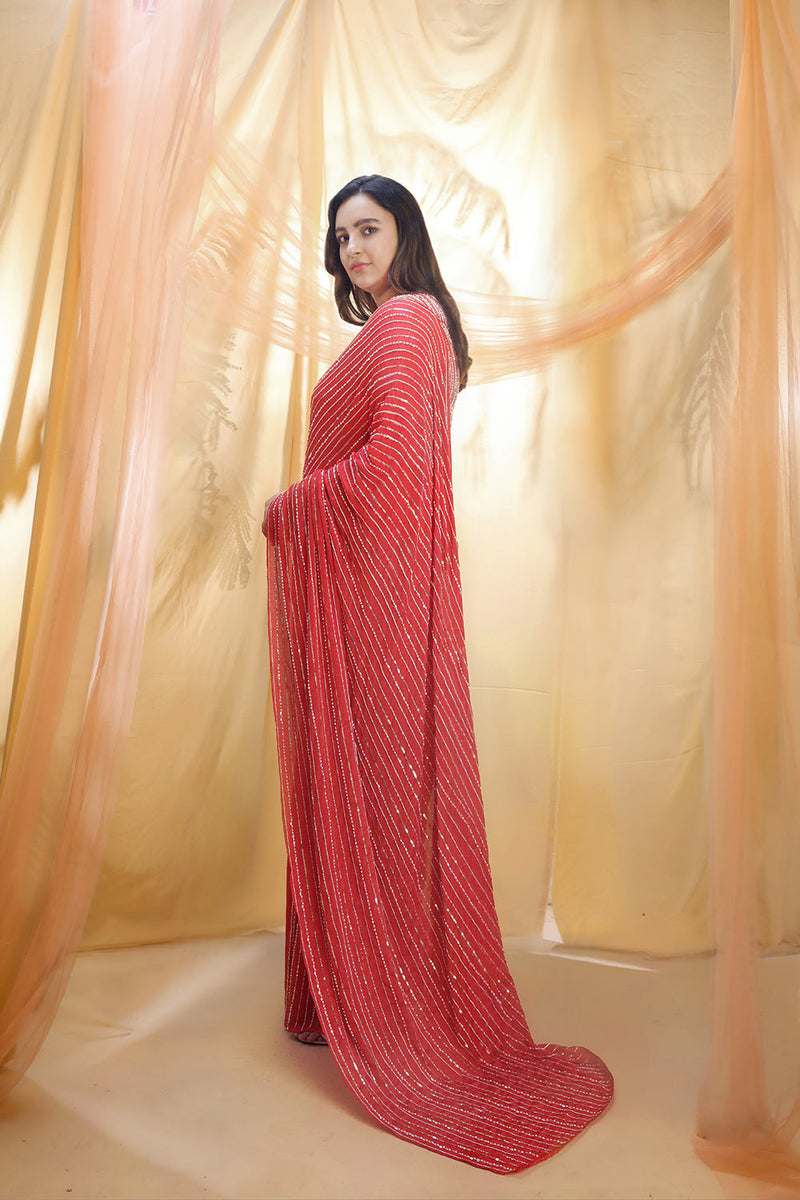 Hot Red Saree With Elbow Sleeve Blouse