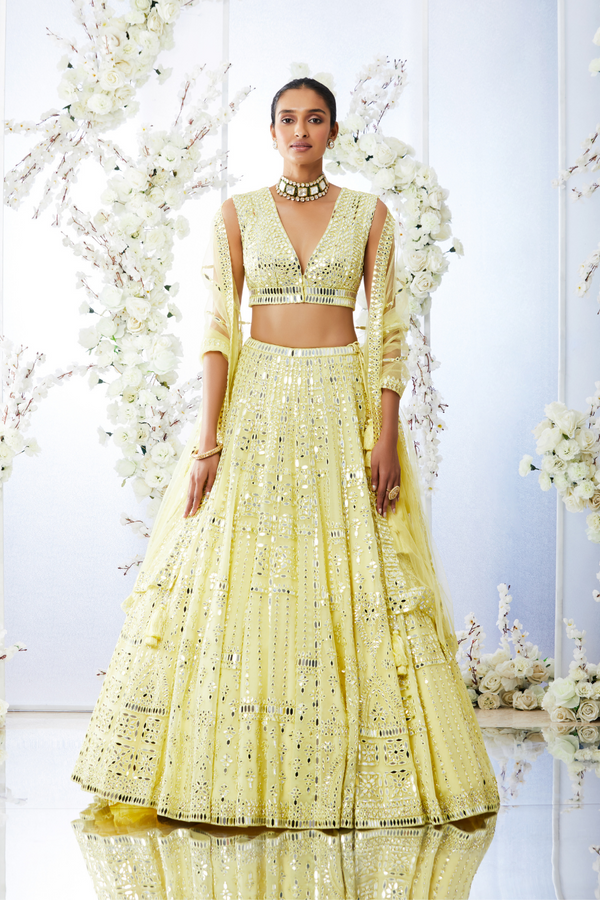 Lemon Yellow Mirror Work Lehenga Set