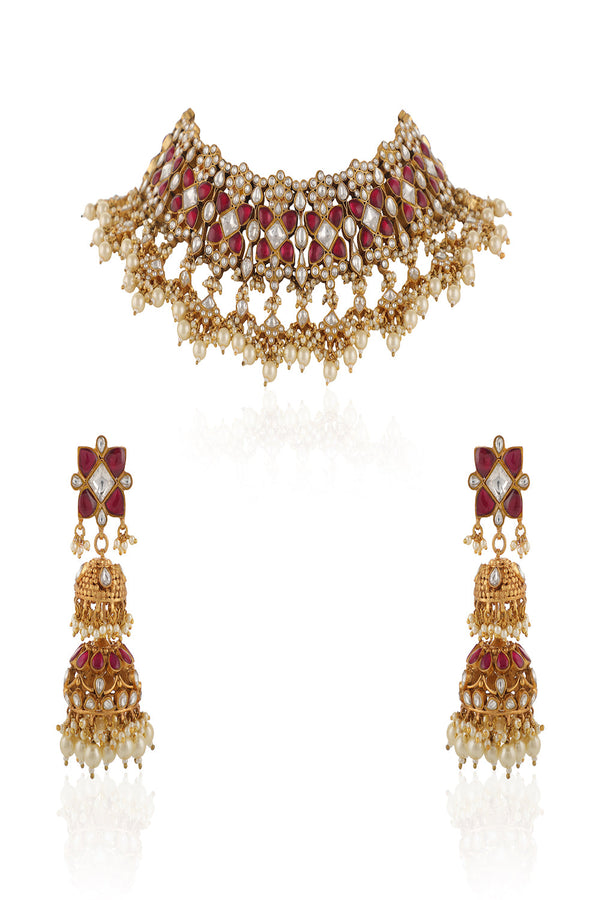 Pink & White Indian Traditional Wear Bridal Pink And White Jadtar Necklace Set With White Pearl