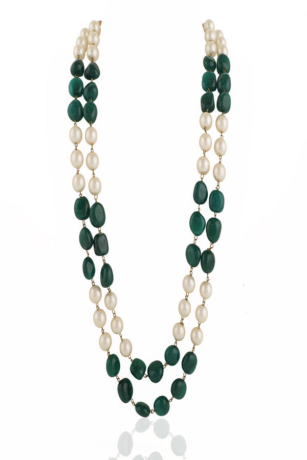 Green & White Green Emerald Beads With White Pearl Double Layered Maala