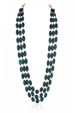 Green Green Emerald Beads With White Pearl Three Layered Maala