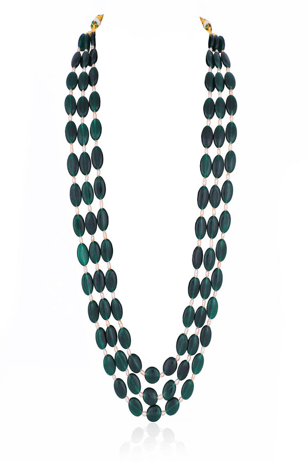 Green Green Emerald Beads With White Pearl Three Layered Maala