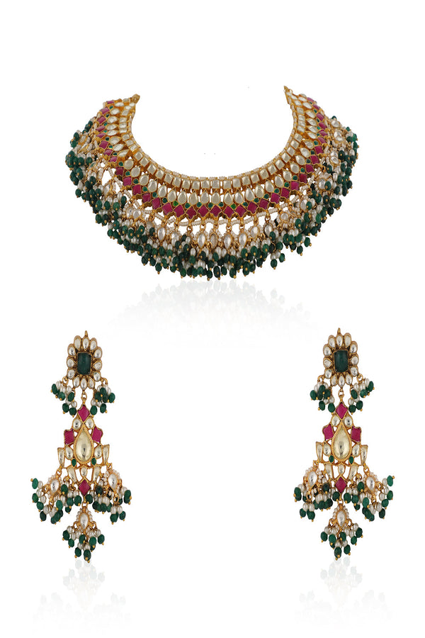 Pink,Green & White Indian Traditional Wear Pink And Green Necklace Set
