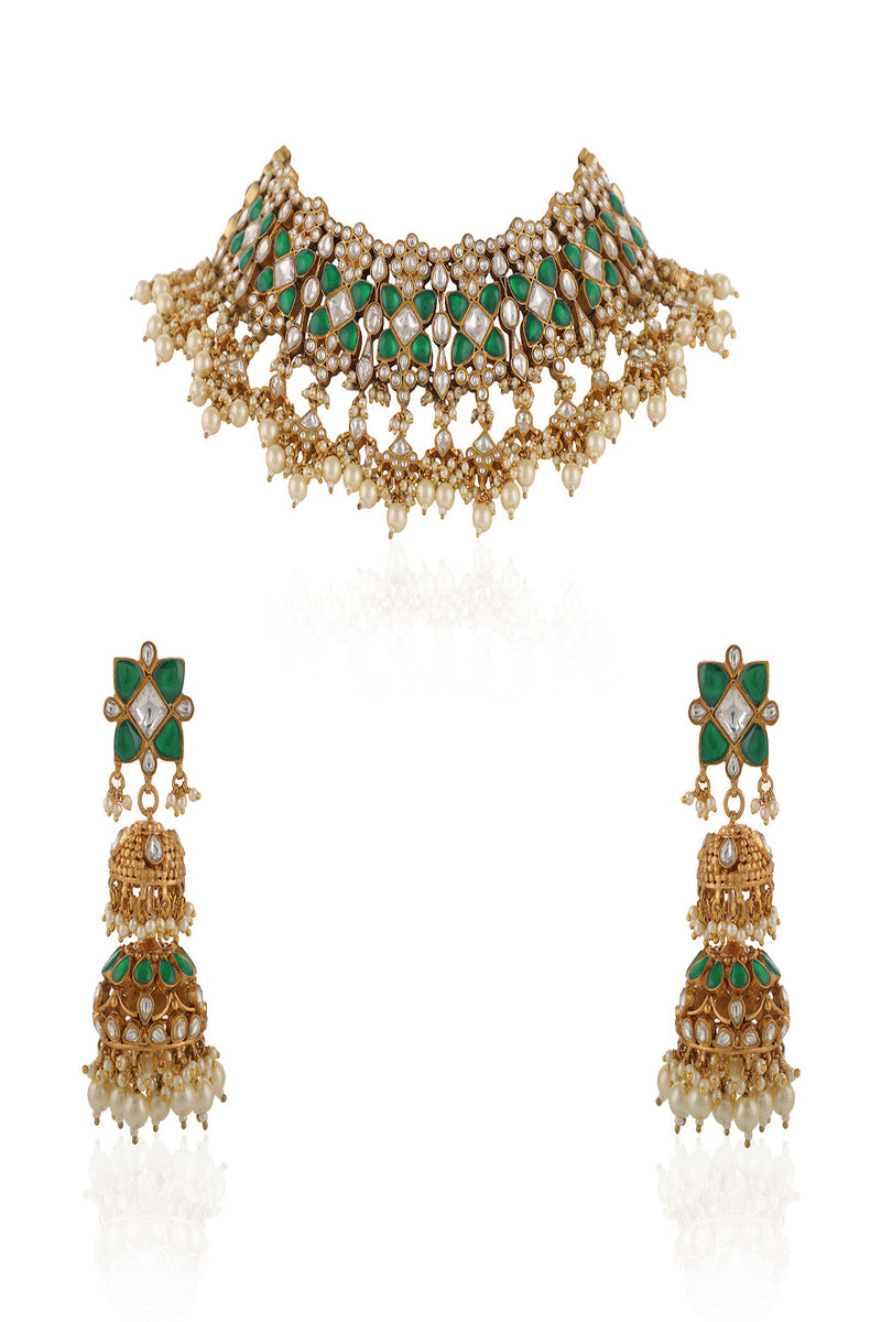 Green & White Indian Handcrafted Green And White Traditional Wear Jadtar Necklace Set