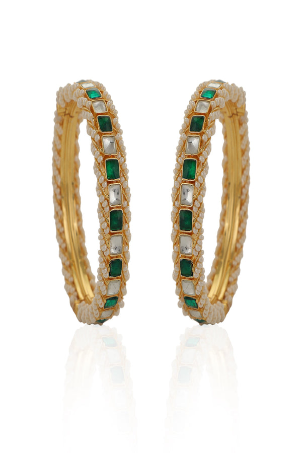 Green & White Gold Finish Semi Precious White And Green Jadtar Bangles Design  By Riana Jewellery