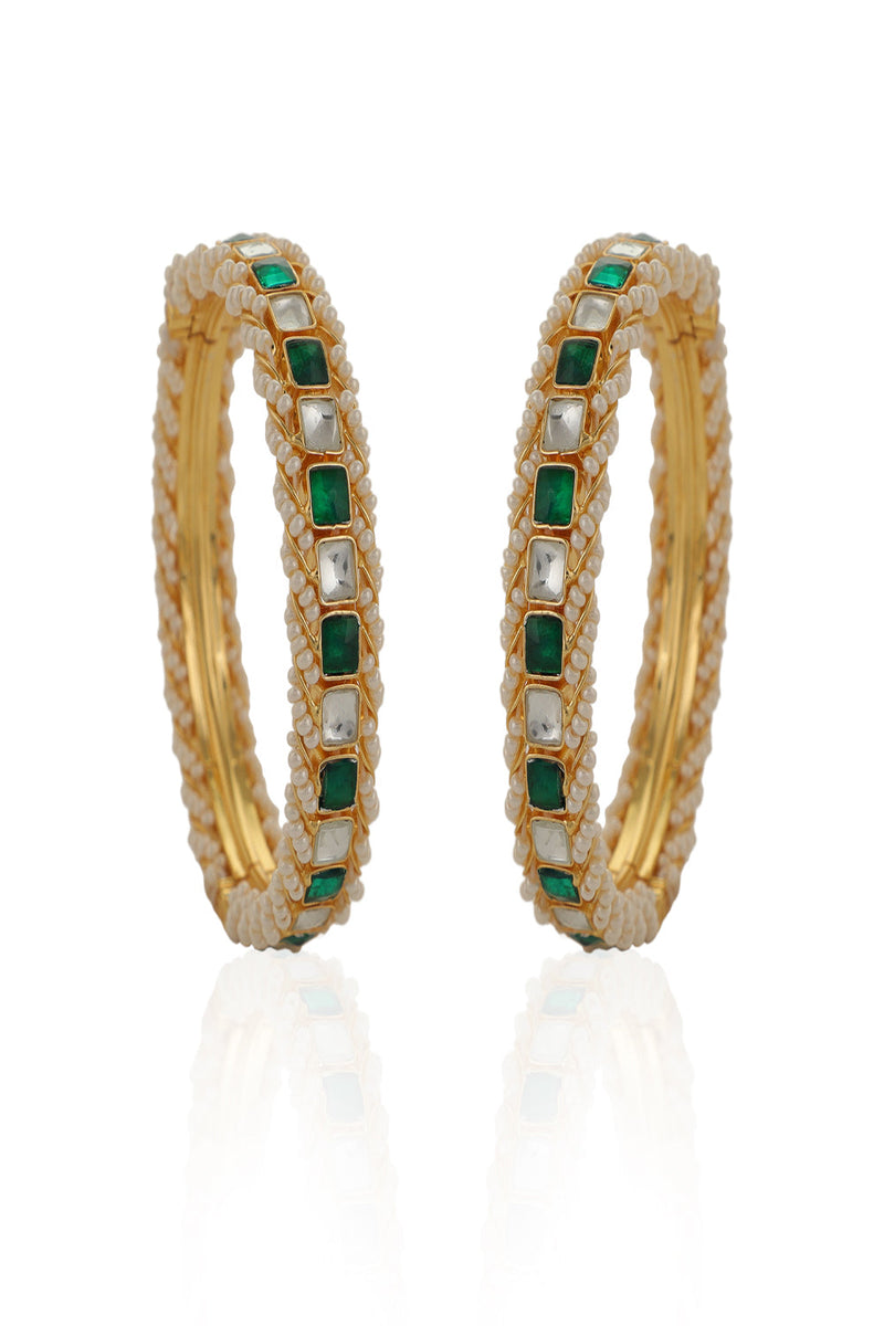 Green & White Gold Finish Semi Precious White And Green Jadtar Bangles Design  By Riana Jewellery