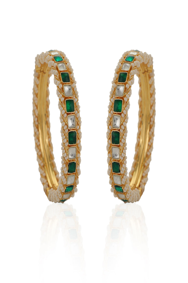 Green & White Gold Finish Semi Precious White And Green Jadtar Bangles Design  By Riana Jewellery