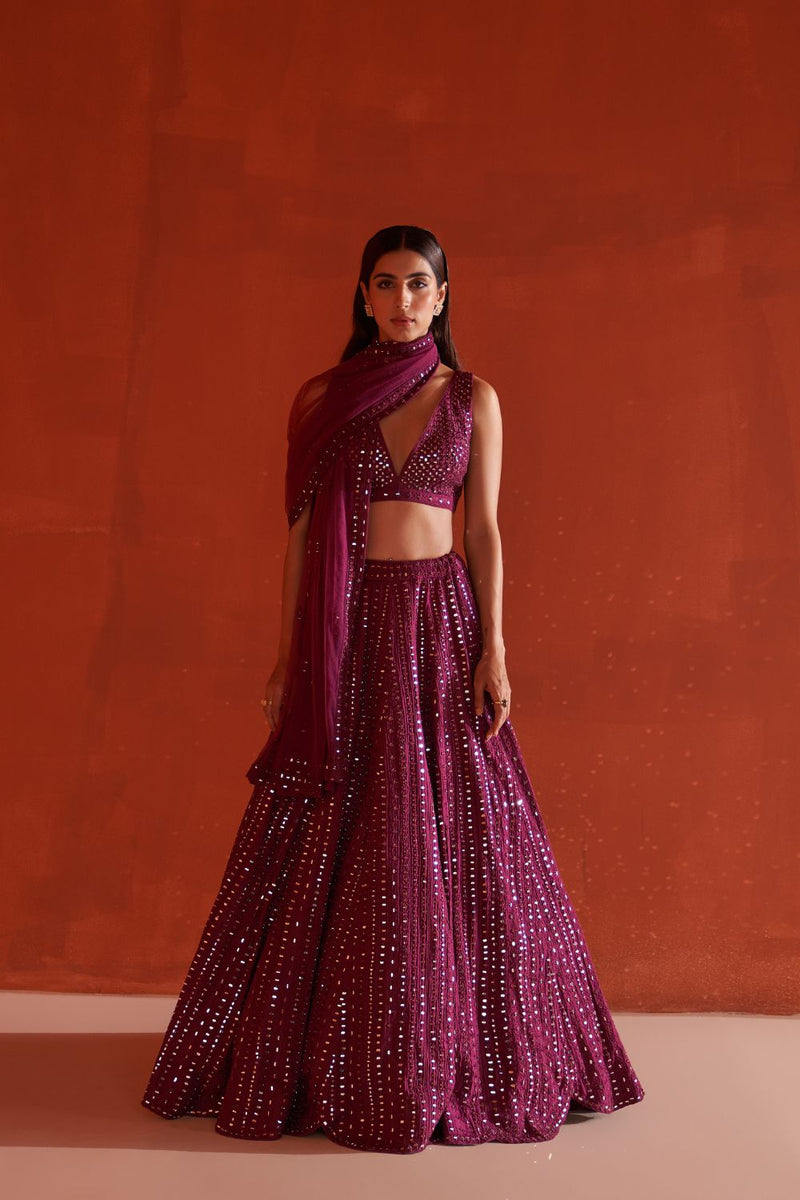 Wine Raw Silk Lehnga Set