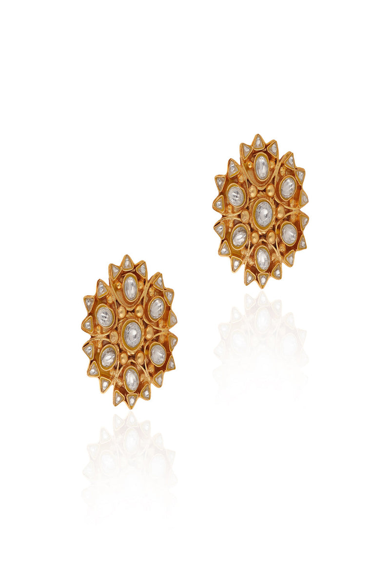 White Floral Jadtar Stone Stud Earrings