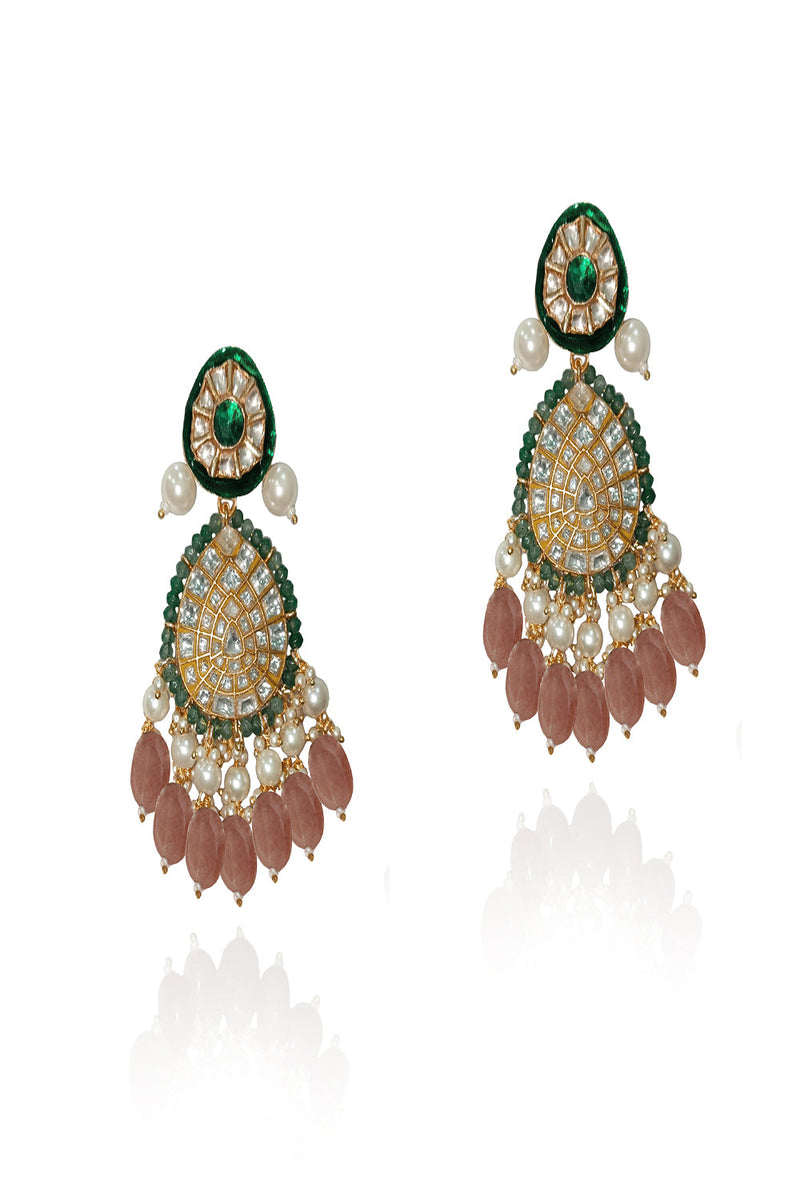 Pastel Pink & Green Green Meenakari Earrings With Pastel Pink Beads