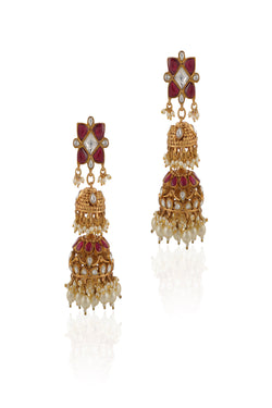 Pink & White Pink Jadtar Stone With White Pearl Jhumki