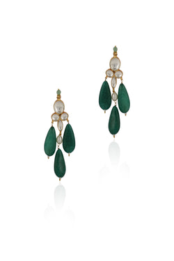 Green & White White Jadtar Earrings With Green Drops