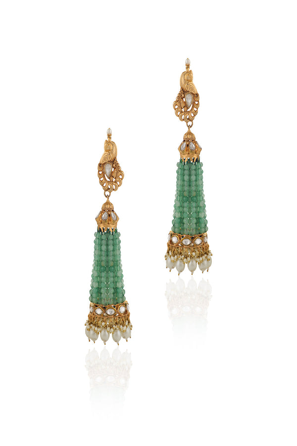 Sea Green & White Rajasthani Sea Green Peacock  Shape Gold Plated Jhumki Design By Riana Jewellery