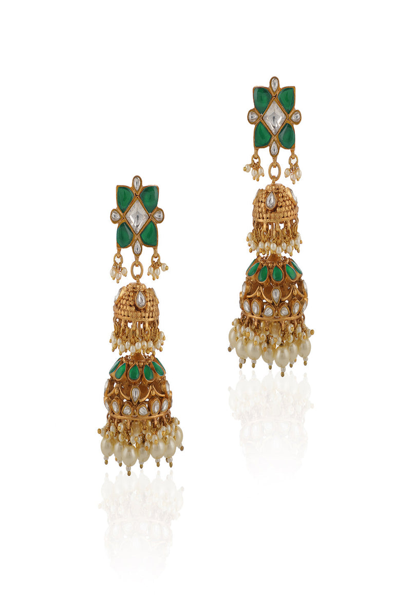 Green & White Green White Rajwadi Style Jadtar Double Layered Jhumki