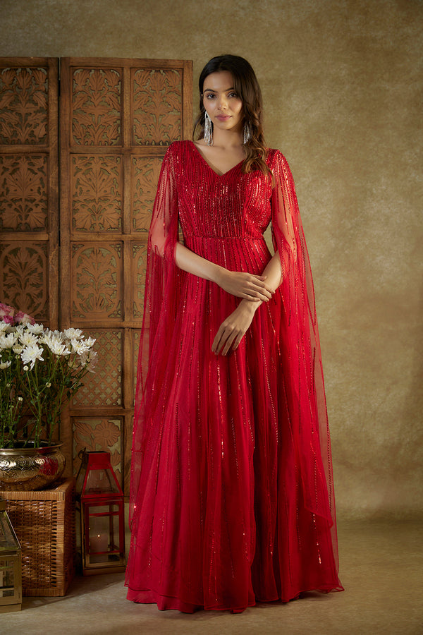 Red Embroidered Cocktail Gown With Cape Sleeves