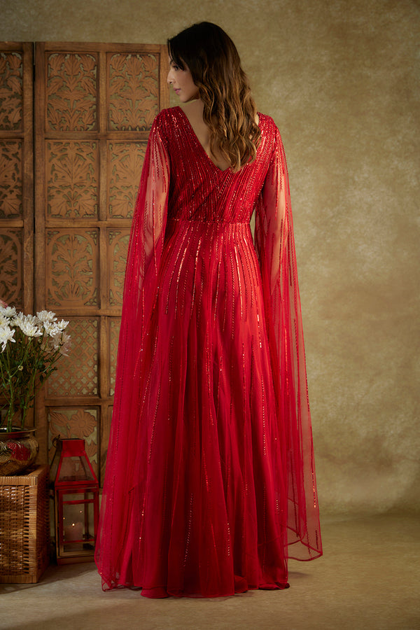 Red Embroidered Cocktail Gown With Cape Sleeves