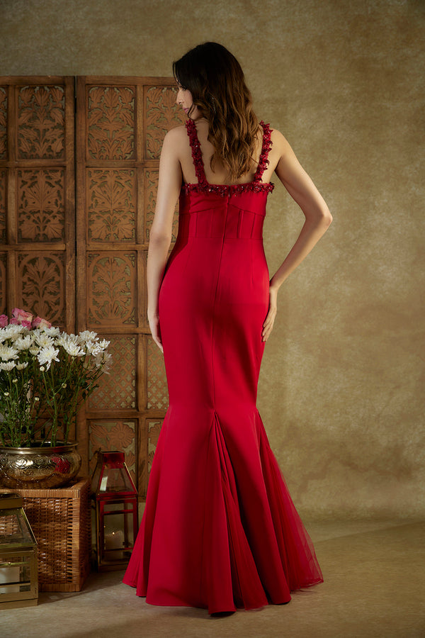 Red Embroidered Cocktail Fish Cut Gown With Inserts