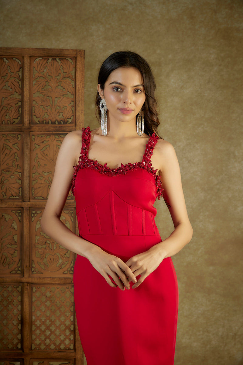 Red Embroidered Cocktail Fish Cut Gown With Inserts