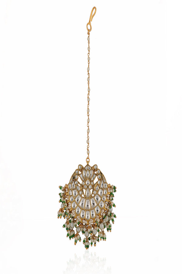 Green & White Indian Jadtar Stone Chandshape Green And White Maangtikka With Pearl