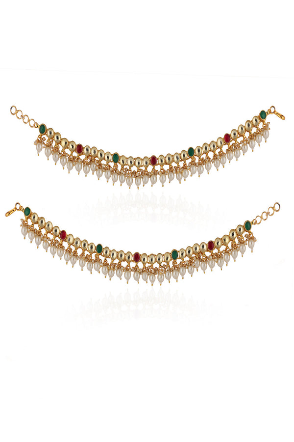 Pink,Green & White Red And Green Stone With White Pearl Payal(Pair)