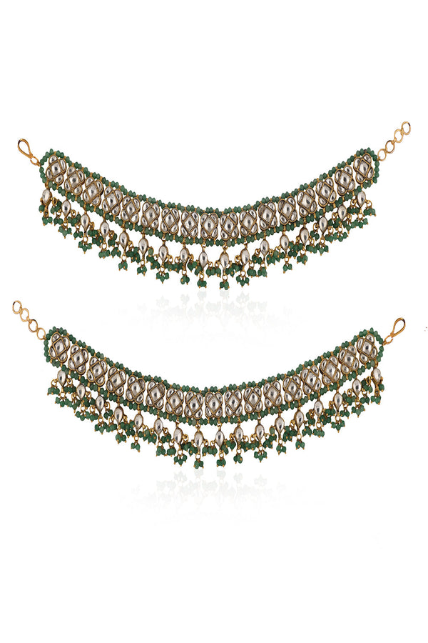 Sea Green & White 22Kt Gold Plated Payal Anklets With Sea Green Hangings(Pair)