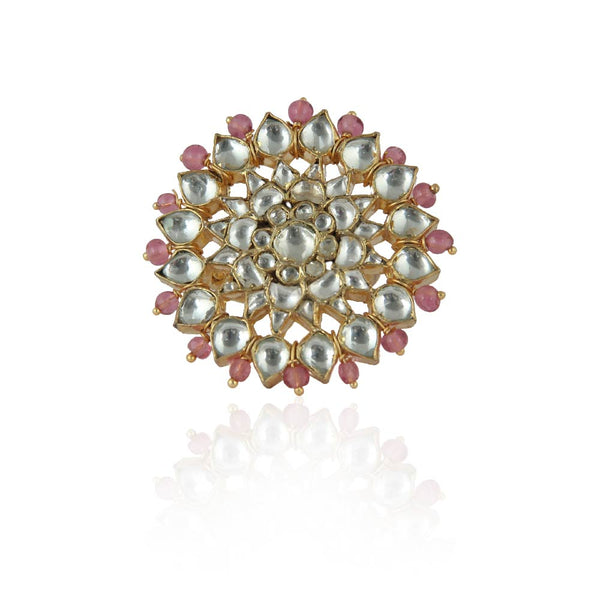 WHITE JADTAR AND LIGHT PINK BEADS FLORAL RING