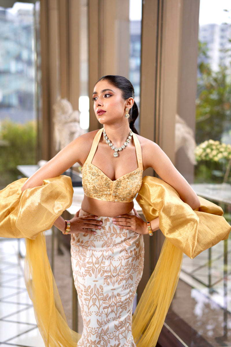 White And Gold Nisha Lehenga Set