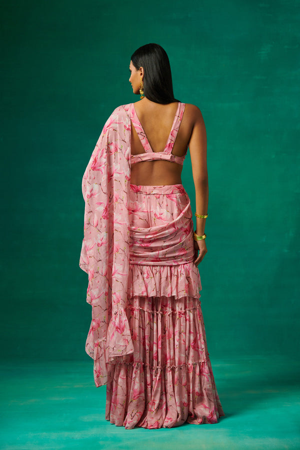 Pink Tulip Printed Garara With Attached Drape And Plunge V Neck Blouse