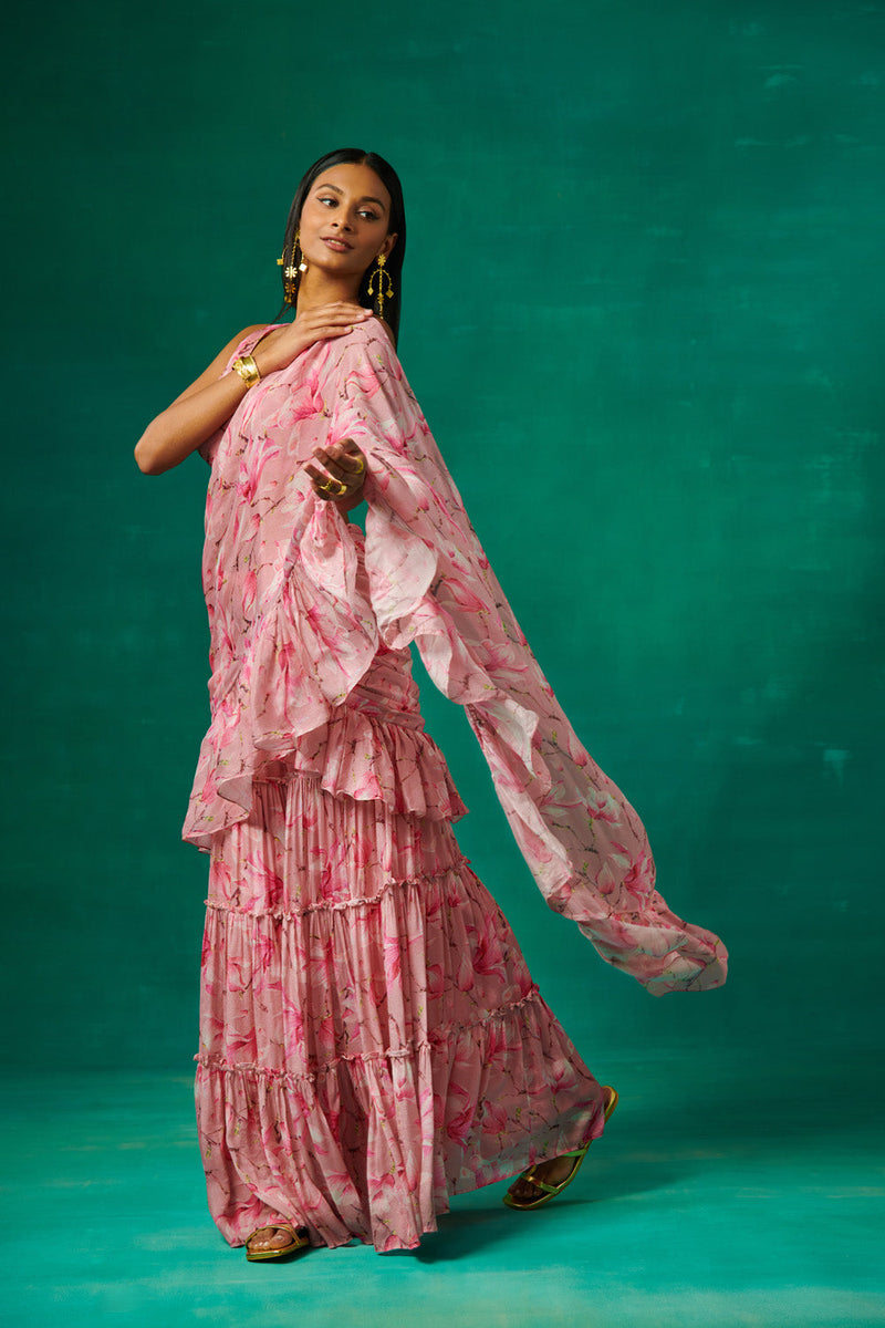 Pink Tulip Printed Garara With Attached Drape And Plunge V Neck Blouse