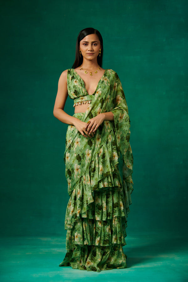 Green Floral Print Drape Saree With Ruffles And Plunge V Neck Blouse