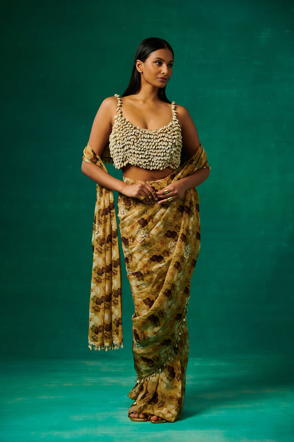 Shells Embellished Blouse And Drape Saree