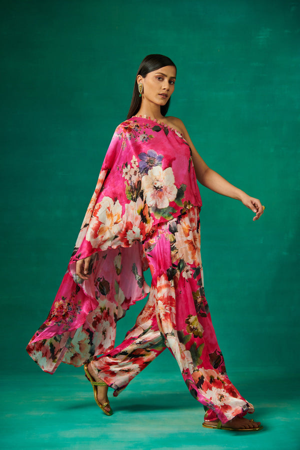 Pink Floral Print High Low Cape With Pants