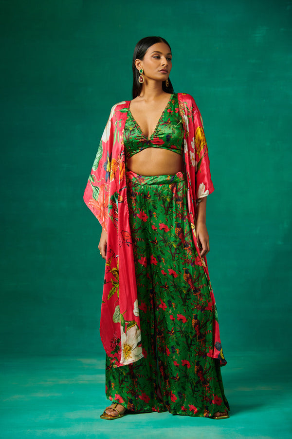 Pink Cape With Green Bustier And Pants