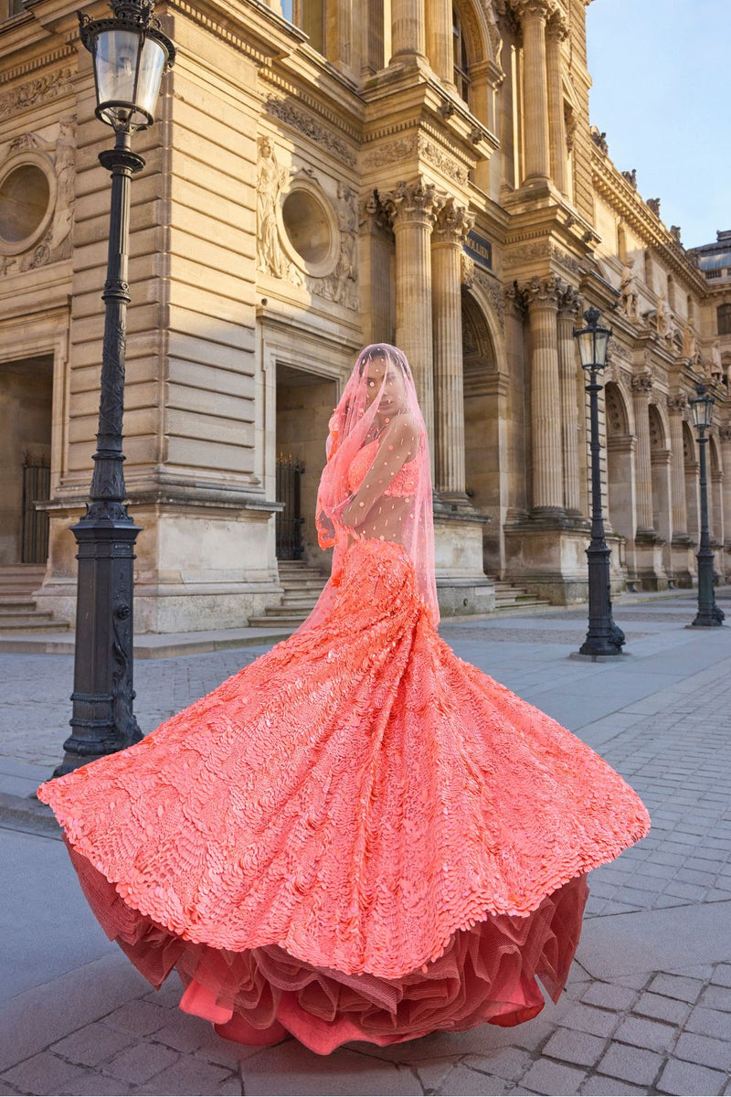 Neon Peach Sequin Lehenga Set