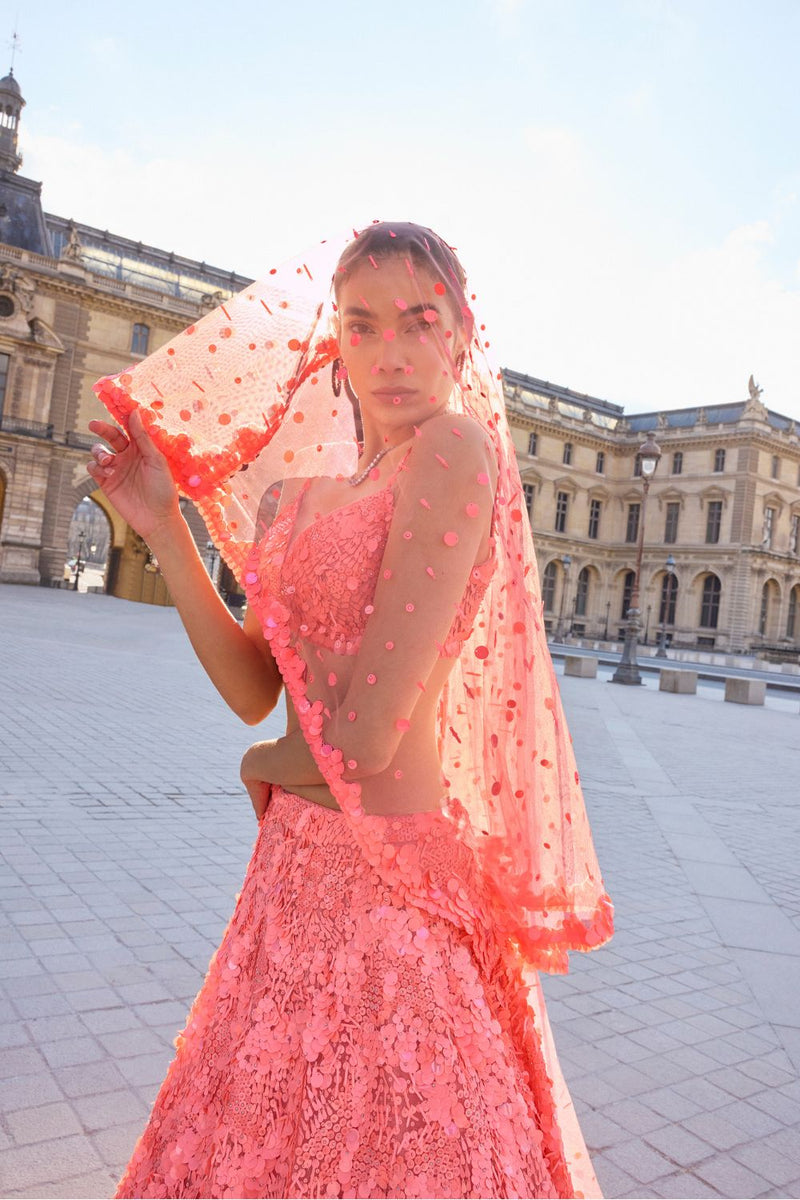 Neon Peach Sequin Lehenga Set