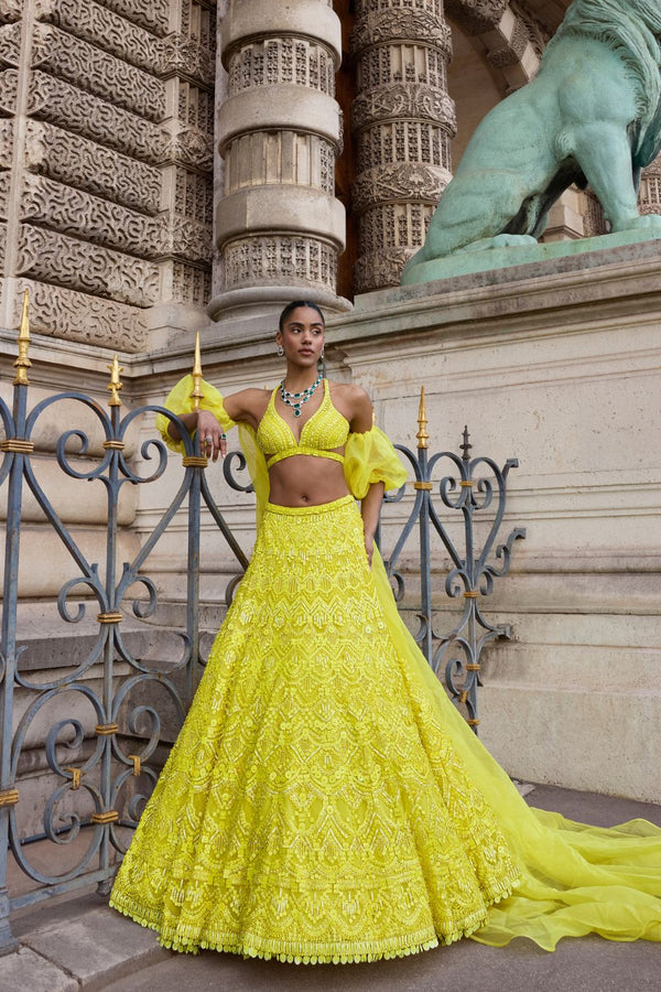 Neon Yellow Sequin Lehenga Set