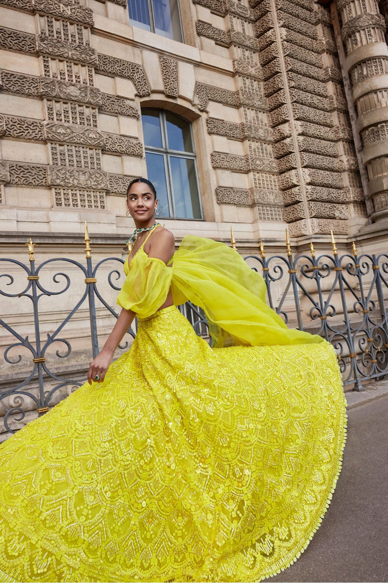 Neon Yellow Sequin Lehenga Set – Estie Couture