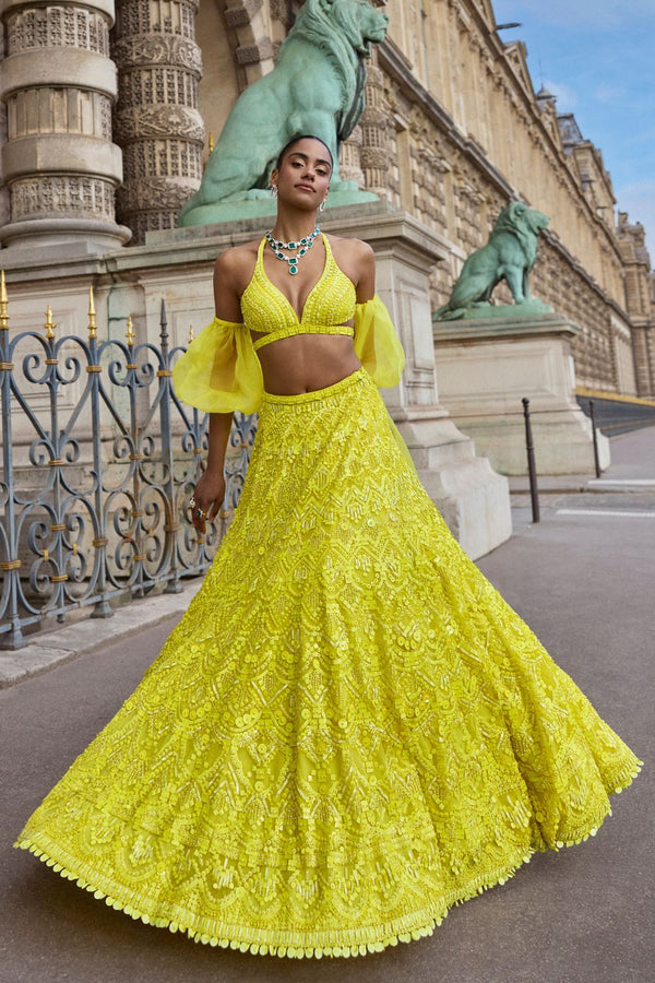 Neon Yellow Sequin Lehenga Set