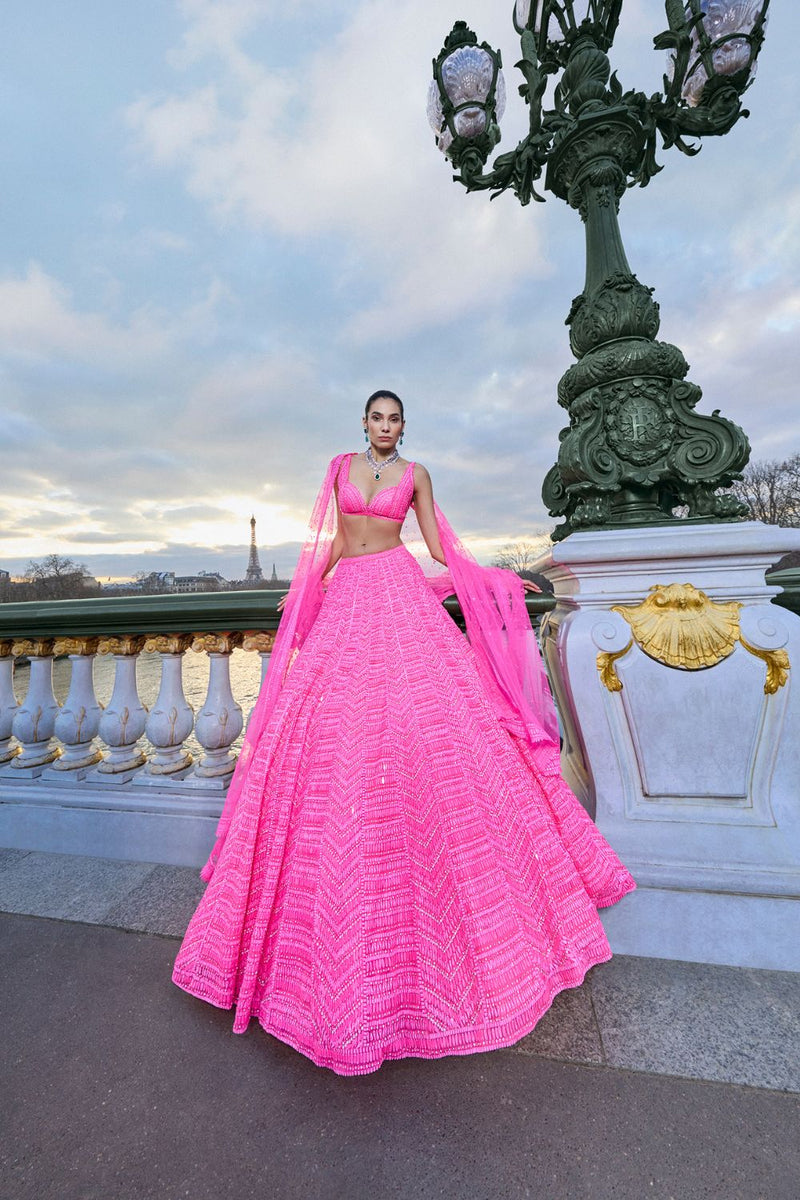 Neon Pink Sequin Lehenga Set