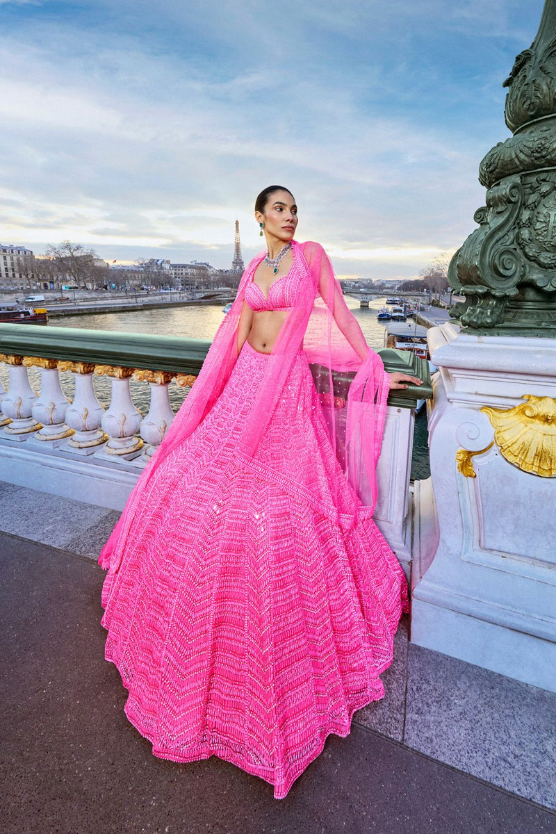 Neon Pink Sequin Lehenga Set