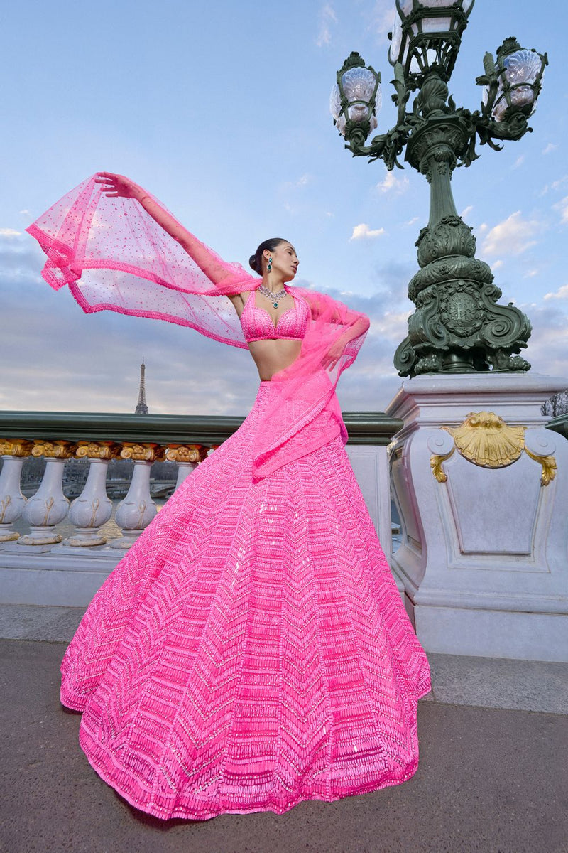 Neon Pink Sequin Lehenga Set