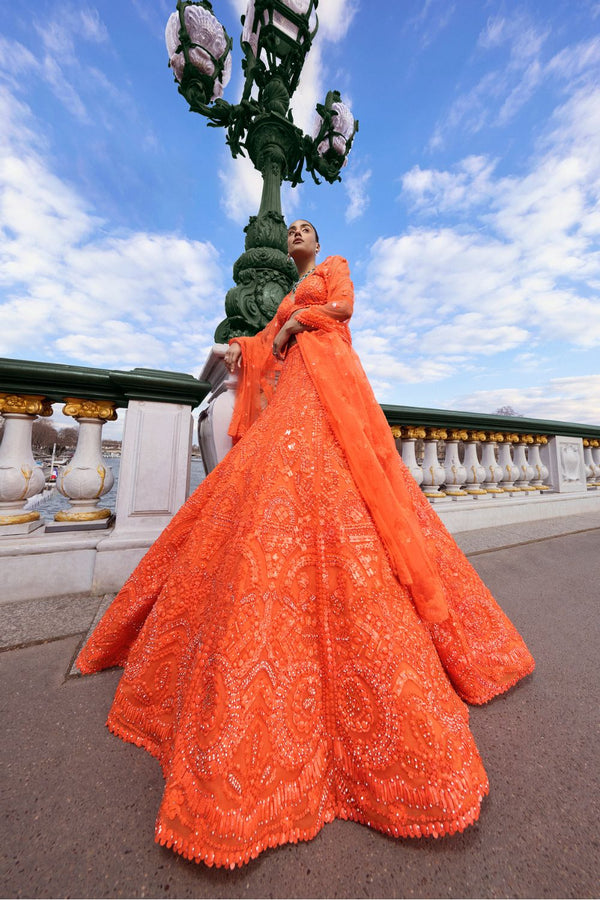 Neon Orange Sequin Lehenga Set