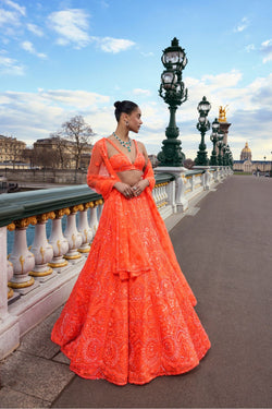 Neon Orange Sequin Lehenga Set